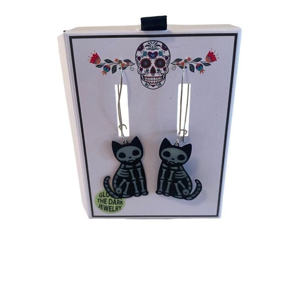 Bella•Jack Glow In The Dark Cat Skeleton Earrings. - Picture 1 of 8